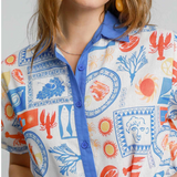 Resort Print Romper With Contrast Trim - Blue Print