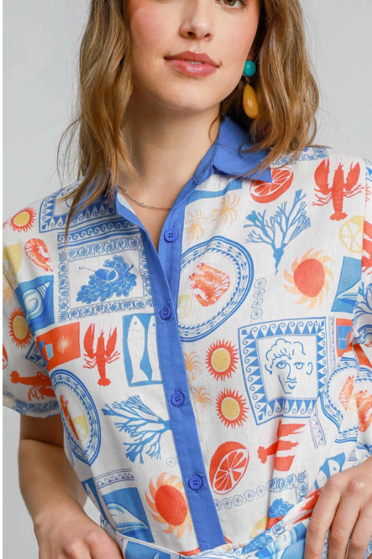 Resort Print Romper With Contrast Trim - Blue Print