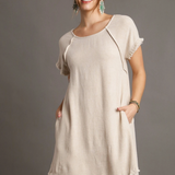 Oatmeal Linen Short Sleeve Dress w/ Raw Edges, Hi Lo Hem & Pockets