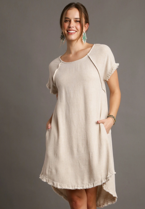 Oatmeal Linen Short Sleeve Dress w/ Raw Edges, Hi Lo Hem & Pockets