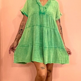 Tiered V Neck Gauze Dress w/ Collar - Kelly Green