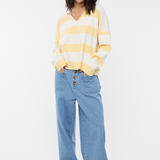 Striped Notch Neck Sweater - Lemon Yellow / White