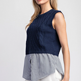 Layered Sweater Vest Over Striped Button Up Tank  by Eesome -Navy / White