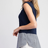 Layered Sweater Vest Over Striped Button Up Tank  by Eesome -Navy / White