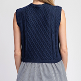 Layered Sweater Vest Over Striped Button Up Tank  by Eesome -Navy / White