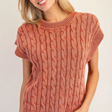 Cable Knit Short Sleeve Sweater  by Eesome - Spiced Brandy