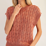 Cable Knit Short Sleeve Sweater  by Eesome - Spiced Brandy
