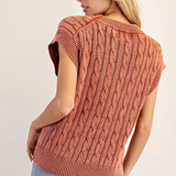 Cable Knit Short Sleeve Sweater  by Eesome - Spiced Brandy