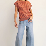 Cable Knit Short Sleeve Sweater  by Eesome - Spiced Brandy