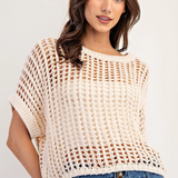Crochet Knit Short Sleeve Sweater Top by Eesome - Oatmeal