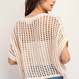 Crochet Knit Short Sleeve Sweater Top by Eesome - Oatmeal