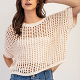 Crochet Knit Short Sleeve Sweater Top by Eesome - Oatmeal