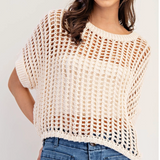 Crochet Knit Short Sleeve Sweater Top by Eesome - Oatmeal