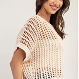 Crochet Knit Short Sleeve Sweater Top by Eesome - Oatmeal