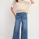 Crochet Knit Short Sleeve Sweater Top by Eesome - Oatmeal