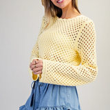 Crochet Open Knit Scallop Trim Sweater by Eesome - Butter Yellow