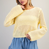 Crochet Open Knit Scallop Trim Sweater by Eesome - Butter Yellow