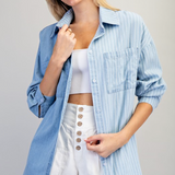 Contrast Striped Button Down Shirt by Eesome - Denim Blue