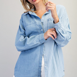 Contrast Striped Button Down Shirt by Eesome - Denim Blue