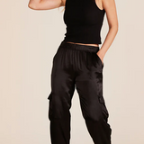 Straight Leg Satin Cargo Pants - Black
