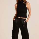 Straight Leg Satin Cargo Pants - Black