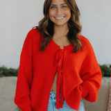 Tie Front Fuzzy Sweater - Red