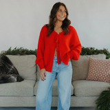 Tie Front Fuzzy Sweater - Red