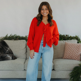 Tie Front Fuzzy Sweater - Red