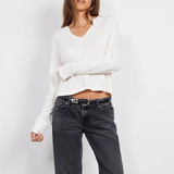 Ribbed Mix Split Neck Long Sleeve Tee - Pearl