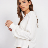Ribbed Mix Split Neck Long Sleeve Tee - Pearl