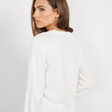 Ribbed Mix Split Neck Long Sleeve Tee - Pearl
