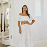 Drawstring Flowy Maxi Skirt - White