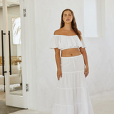 Drawstring Flowy Maxi Skirt - White