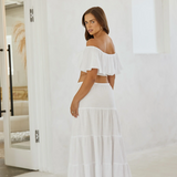 Drawstring Flowy Maxi Skirt - White