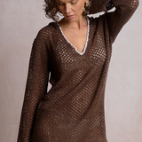 Crochet Long Sleeve Hoodie Dress With Contrast Trim by Elan - Brown / White
