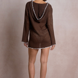 Crochet Long Sleeve Hoodie Dress With Contrast Trim by Elan - Brown / White