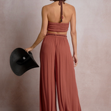 Gauze Wide Leg Pants With Rope Tie by Elan - Dark Cayenne