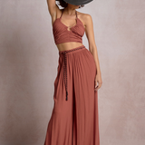 Gauze Wide Leg Pants With Rope Tie by Elan - Dark Cayenne