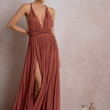 Gauze Halter Maxi Dress With Slit & Rope Belt by Elan - Dark Cayenne