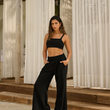 Cotton Pants With Side Crochet And Slit Opening - Black