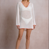 Crochet Long Sleeve Hoodie Dress With Orange Trim by Elan - White / Orange