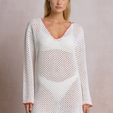 Crochet Long Sleeve Hoodie Dress With Orange Trim by Elan - White / Orange