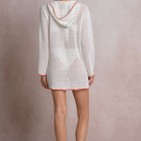 Crochet Long Sleeve Hoodie Dress With Orange Trim by Elan - White / Orange