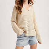 Notched Front Open Knit Sweater - Natural