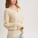 Notched Front Open Knit Sweater - Natural