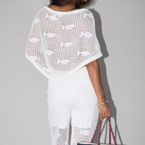 White Open Knit Short Poncho Top