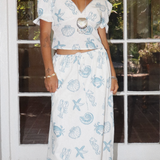 Blue & White Seashell Print Top With Puff Sleeve & Buckle