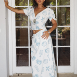Blue & White Seashell Print Top With Puff Sleeve & Buckle