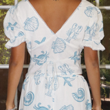 Blue & White Seashell Print Top With Puff Sleeve & Buckle