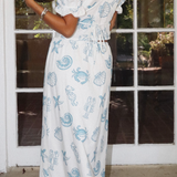 Blue & White Seashell Print Top With Puff Sleeve & Buckle